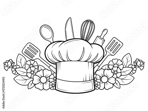Chef Hat with Kitchen Tools and Floral Elements Line Art for Logo or Label Design