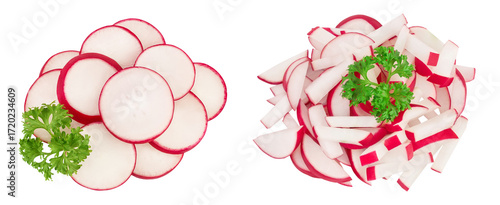 Radish slices isolated on white background. Top view. Flat lay