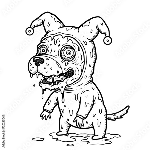 Cartoon dog character wearing jester costume and dripping goo  
