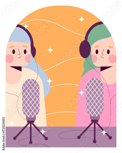 Cartoon women hosts podcasting wearing headphones speaking into unique gridpattern microphones.