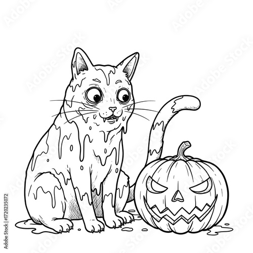 Cat covered in goo sitting next to carved pumpkin for Halloween  
