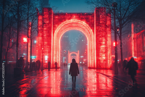 Person walking in red light tunnel.