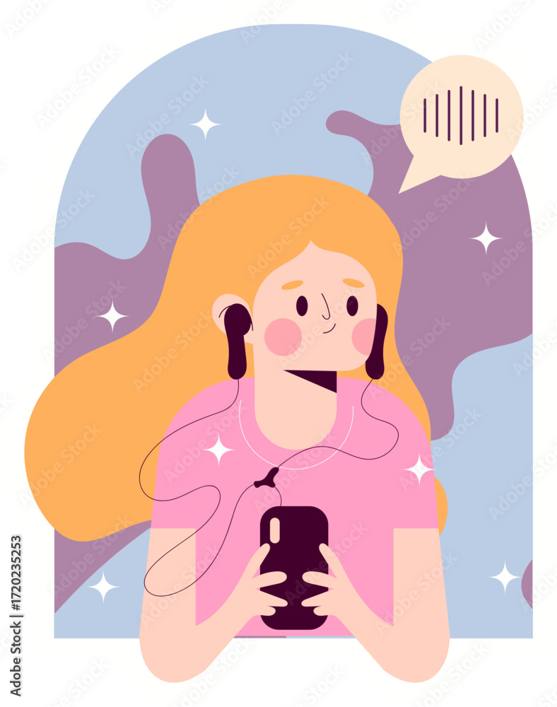 Obraz premium Woman with Blonde Hair Listening to Music on Phone with Speech Bubble.