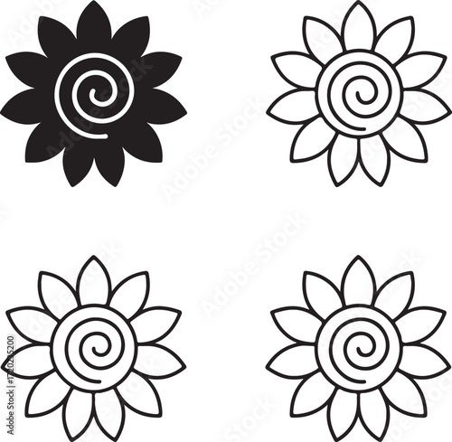Sunflower seed icon set, floral spiral design, sunflower logo vector, seed pattern symbol, organic nature, agriculture product, professional minimal pack