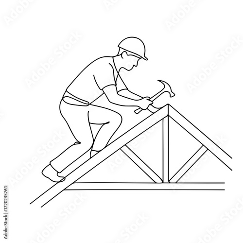Construction worker repairing wooden roof frame with hammer  