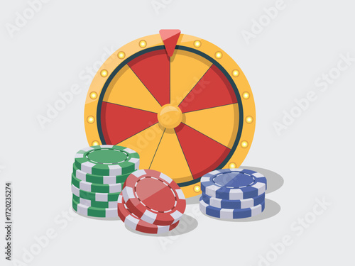 Casino gambling vector with colorful poker chips and bright fortune wheel for luck, chance, jackpot win and betting game, isolated gambling design elements