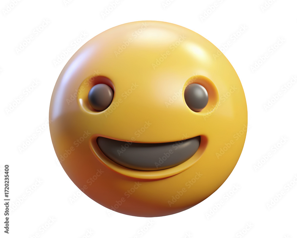 Fototapeta premium Cheerful yellow smiling emoji face with a wide grin and happy expression 3d illustration isolated on transparent background