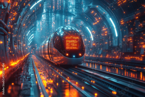 Futuristic train speeds through tunnel.