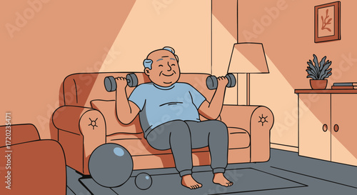 Cheerful senior man engaging in a home workout with dumbbells, promoting an active and healthy lifestyle for the elderly in his living room