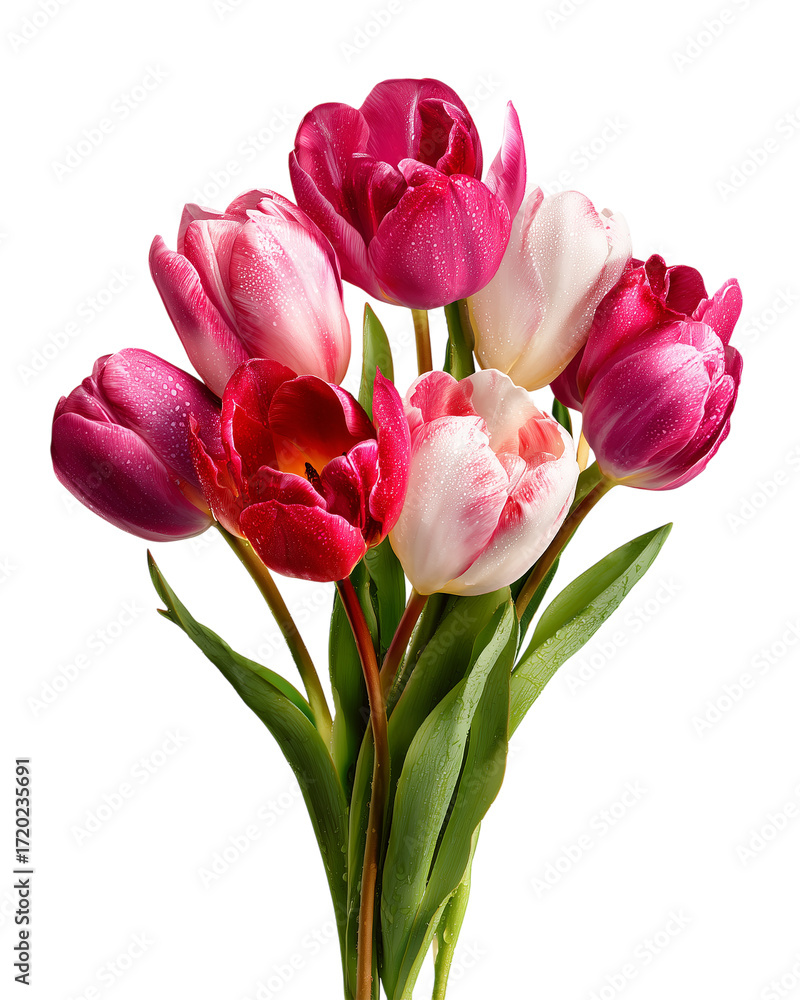Obraz premium A bouquet of pink and white tulips with a few drops of water on them