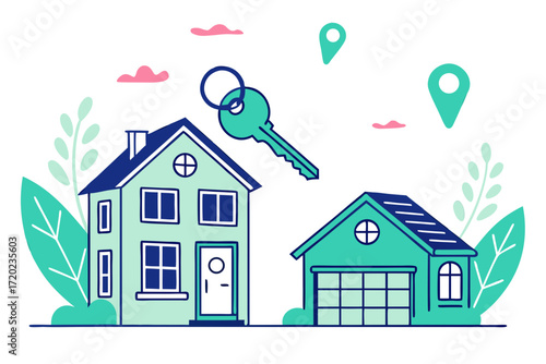 Illustration of a light blue house and garage with a key hovering above in front of leafy shrubs. This vector image is suitable as an icon for real estate.