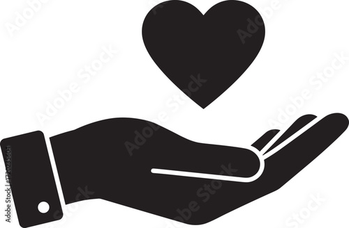Hand holding heart icon, love care symbol, charity support sign, kindness illustration, giving, protection, donation, compassion, healthcare, relationship design