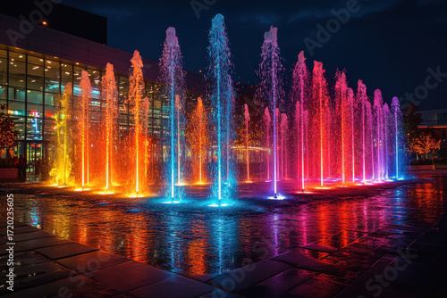 Glowing fountain illuminating the night with colorful lights.