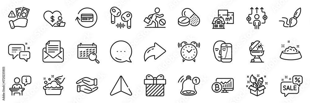 Obraz premium Creativity, Podium and Hand washing line icons pack. Share, Message, Paper plane icons. Headphone, Fraud, Volunteer web icon. Refund commission, Jobless, Surprise pictogram. Vector