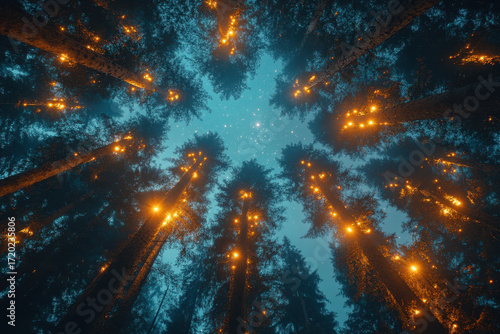 Lights glowing in the forest.