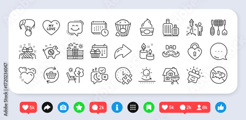 Smile, Ice cream and Father day line icons pack. Social media: share, comment, like icons. Elephant on ball, Sun protection, Sleep web icon. Stop fishing, Baggage, Piggy sale pictogram. Vector