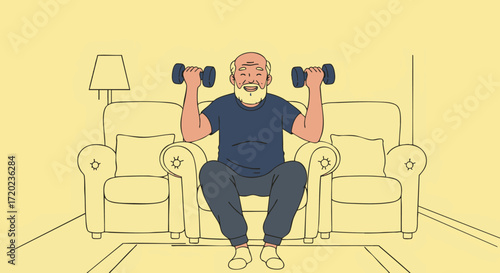 Elderly man happily exercising with dumbbells in his living room, demonstrating dedication to a healthy and active lifestyle in his senior years