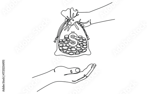 Vector art of hand drawn open hand with palm facing up in simple line art illustration