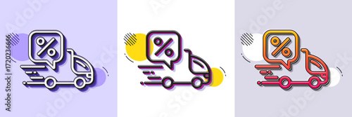 Delivery truck line icon. Halftone dotted pattern. Gradient icon with grain shadow. Sale offer sign. Courier discounts symbol. Line delivery discount icon. Various designs. Vector