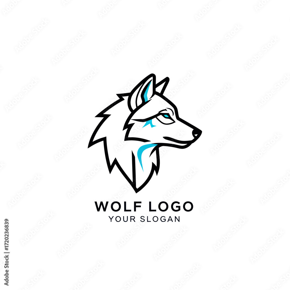 Obraz premium Stylized profile illustration of a fierce wolf's head with sharp lines and blue accents, suitable for a logo.