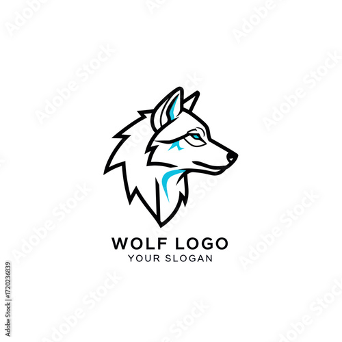 Stylized profile illustration of a fierce wolf's head with sharp lines and blue accents, suitable for a logo.