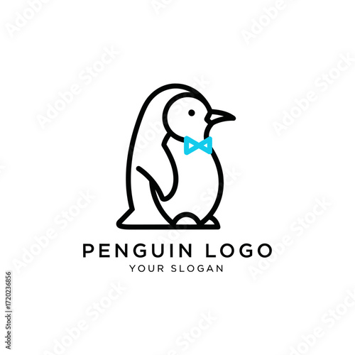 A minimalist penguin logo with a blue bow tie, rendered in a simple, clean line art style on a white background.