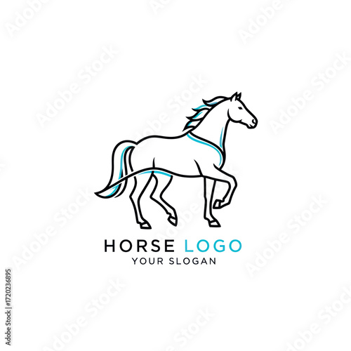 A minimalist line art logo of a trotting horse with a blue accent, on a white background.