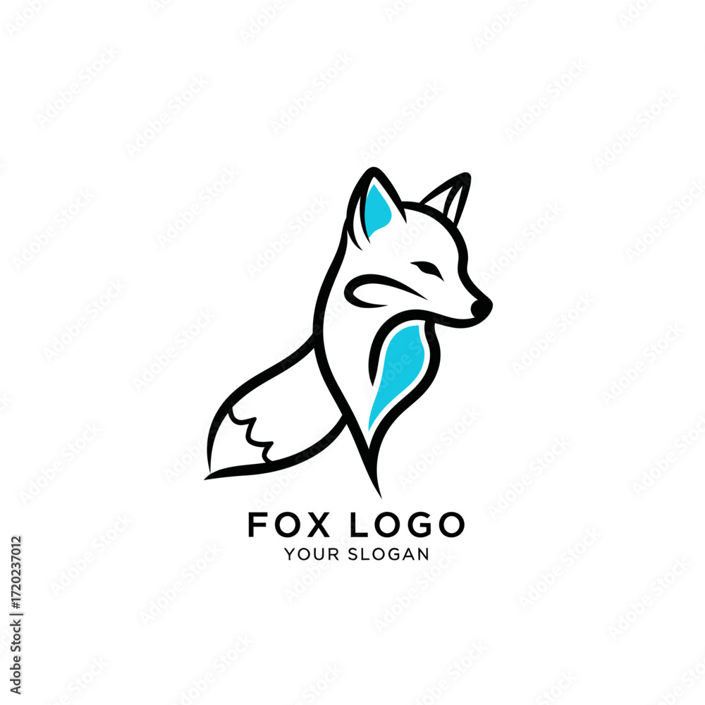 Fototapeta premium A stylized minimalist fox logo design featuring a sitting fox with black outlines and bright blue accents.