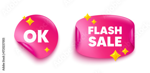OK sticker tag. Flash offer paper price banner. OK text tag. Approved okay message. Done or Good deal symbol. Discount sticker with 3d glitter. Vector