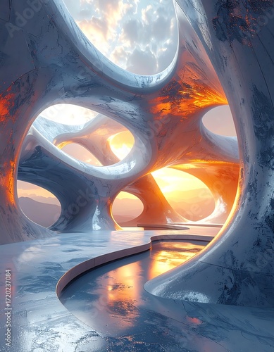 Futuristic interior at sunrise