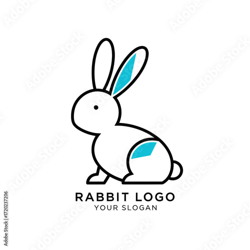 A minimalist, modern line art logo featuring a stylized white rabbit with blue accents on its ears and hindquarters, accompanied by text for a brand name and slogan.