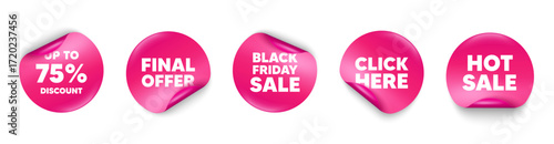 Discount tag sticker tag. Click here, Black friday paper price banners. Up to 75 percent discount. Sale offer price sign. Special offer symbol. Save 75 percentages. Hot sale sticker. Vector