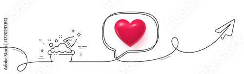 Hand washing line icon. Continuous line with share plane. Laundry service sign. Clothing cleaner symbol. 3d heart in speech bubble. Hand washing single line ribbon. Loop curve pattern. Vector