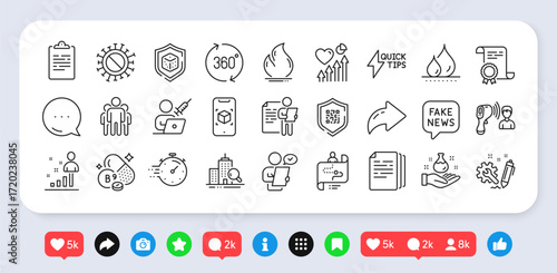 Augmented reality, Copy documents and Fire energy line icons pack. Social media: share, comment, like icons. Chemistry lab, Fake news, Job interview web icon. Vector