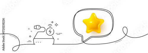 Power bank line icon. Continuous line with 3d star. Mobile accessories sign. Charge battery symbol. 3d star in speech bubble. Power bank single line ribbon. Loop curve pattern. Vector