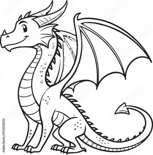Dragon Hand-drawn Simple Drawing Sketch Vector Illustration for Kids Children Coloring Book, Isolated Black and White