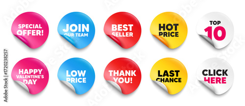 Special offer sticker tag. Top 10, Best seller, Hot price banners. Special offer tag. Sale sign. Advertising Discounts symbol. Join our team sticker. Vector