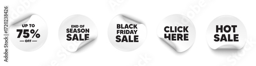 Discount tag sticker tag. Season sale, Black friday paper price banners. Up to 75 percent off sale. Discount offer price sign. Special offer symbol. Save 75 percentages. Click here sticker. Vector