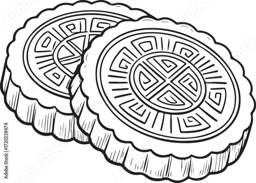 Japanese Moon Cookies Hand-drawn Vector Illustration, Sketch Drawing Doodle Line Linear Symbol Icon Engraving Coloring Book, Black and White Isolated