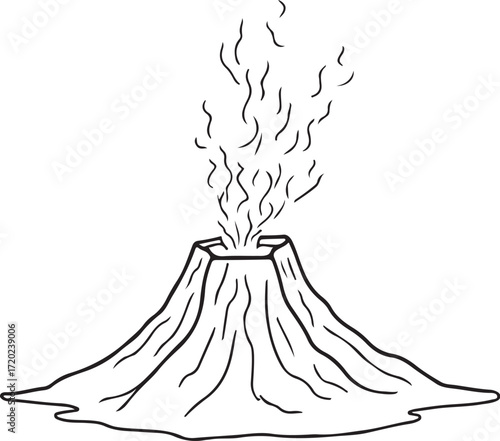 Erupting Volcano with Lava Hand-drawn Vector Illustration, Sketch Drawing Doodle Line Linear Symbol Icon Engraving Coloring Book, Black and White Isolated