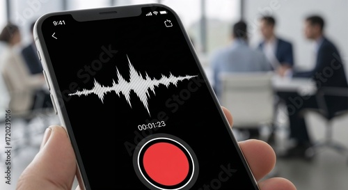 Man holds smartphone with voice recorder. Recording an audio message or interview in office. Application for sound capturing.