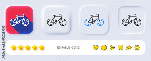 Bicycle transport line icon. Neumorphic, Flat shadow, 3d buttons. Bike public transportation sign. Driving symbol. Line bicycle icon. Social media icons. Vector