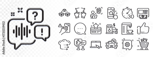 Puzzle, Voicemail and Star rating line icons for web app. Glare of light effect. Message icon. Pack of Like, Atm, Grocery basket pictogram icons. Dont touch, Timer, Parcel shipping signs. Vector
