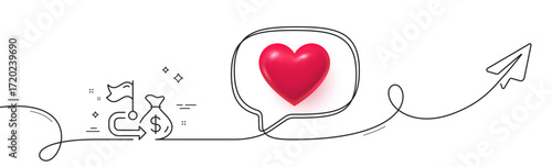 Financial goal line icon. Continuous line with share plane. Money cashback sign. Investment budget symbol. 3d heart in speech bubble. Financial goal single line ribbon. Loop curve pattern. Vector