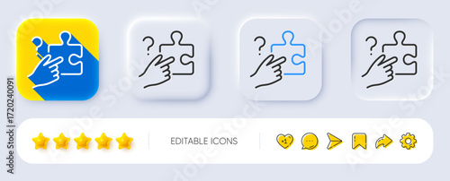 Search puzzle line icon. Neumorphic, Flat shadow, 3d buttons. Jigsaw piece with Question sign. Find solution symbol. Line search puzzle icon. Social media icons. Vector