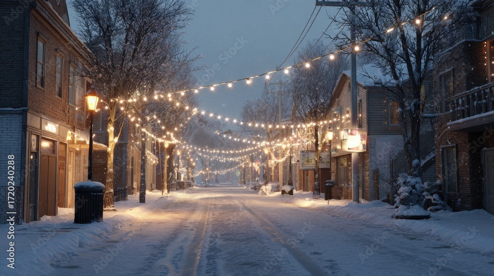 Naklejka premium a snowy street with stringed lights great for winter scenes or festive occasions