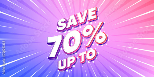 Discount sun rays gradient banner. Light burst background. Save up to 70 percent tag. Discount Sale offer price sign. Special offer symbol. Gradient sun rays. Sunburst light. Vector