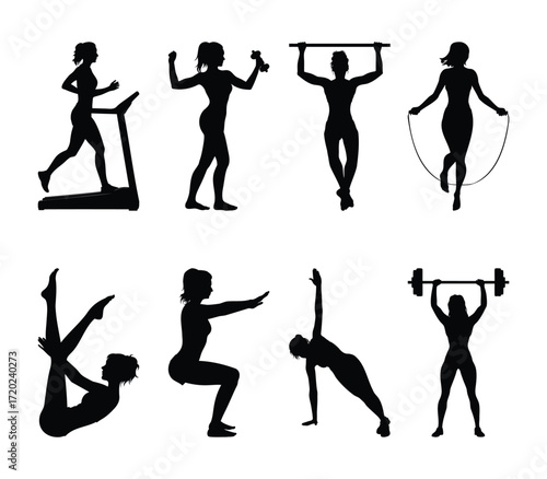 Fitness Silhouettes of Women Exercising in Gym Workout Poses