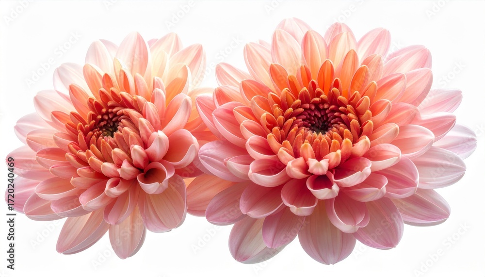 Fototapeta premium Pair of Peach Colored Dahlia Flowers in Full Bloom on White Background