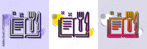 Recipe book line icon. Halftone dotted pattern. Gradient icon with grain shadow. Cutlery sign. Fork, knife symbol. Line recipe book icon. Various designs. Vector